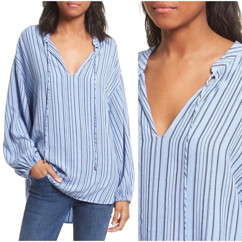 Free People Blue Striped Tunic Top XS Balloon Sleeve Boho VNeck Tie Front Blouse - Picture 3 of 12